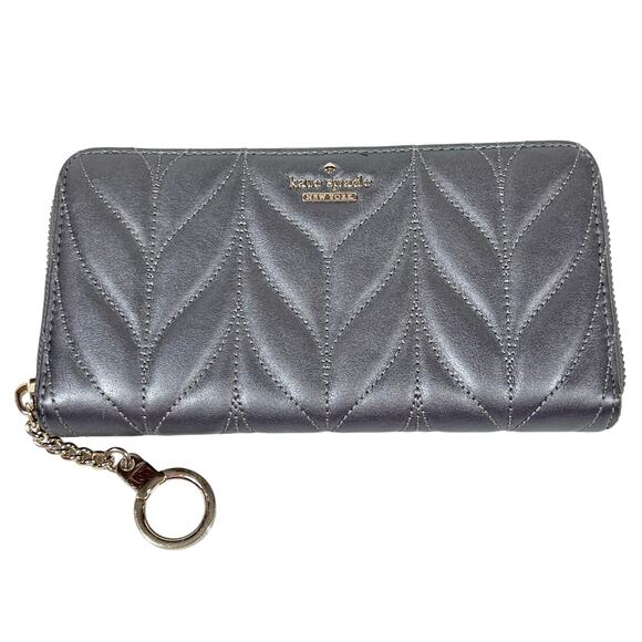 Kate Spade Briar Lane Quilted Leather Neda Zip Around Wallet Grey Keychain Used - Picture 1 of 10